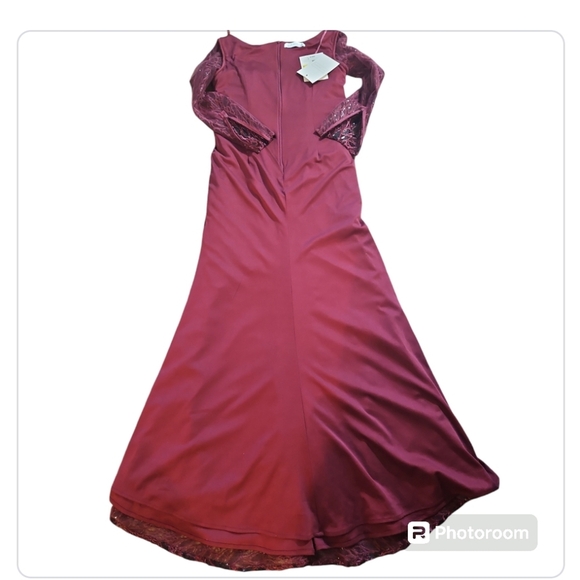 Mac Duggal Maxi Dress Ruched Embroidery Lace Sequin Faux Wrap Long Sleeves Gown - Picture 13 of 15